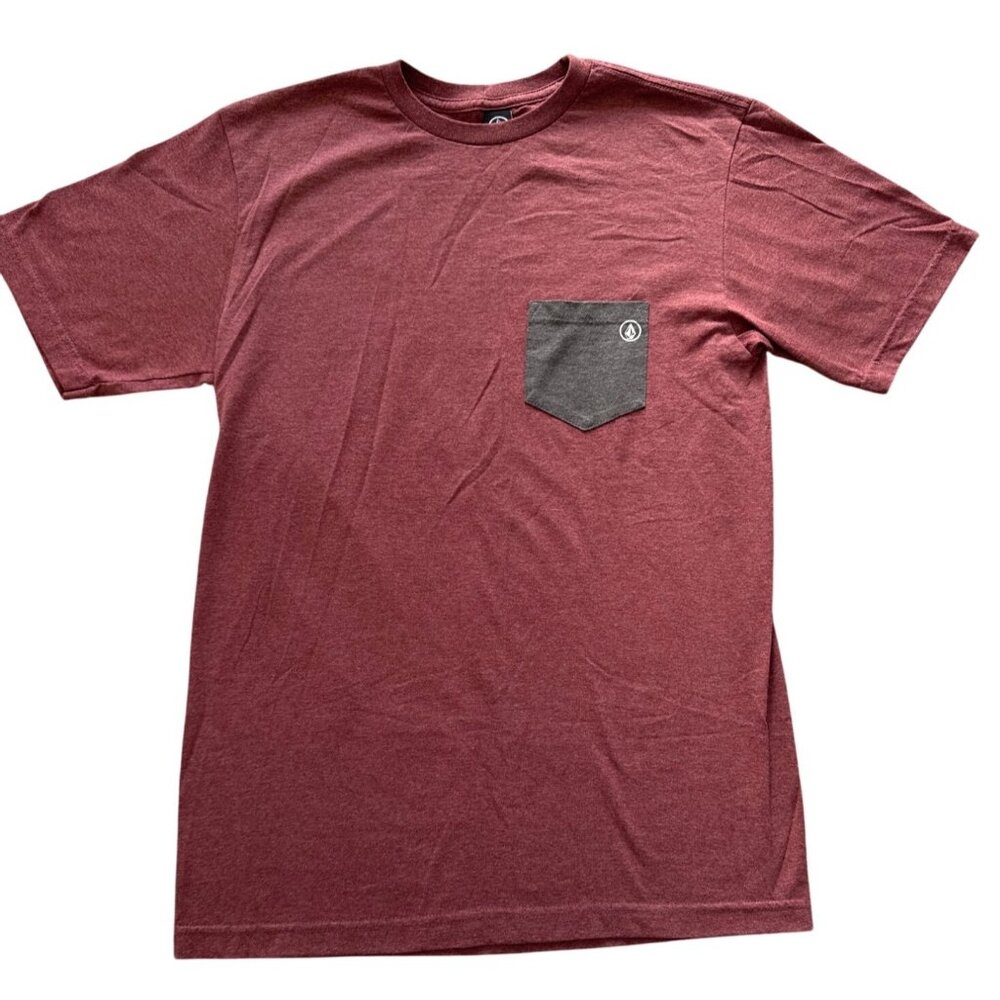Volcom Mens Heather Red T-Shirt With Gray Chest Pocket Medium Size Cotton Blend